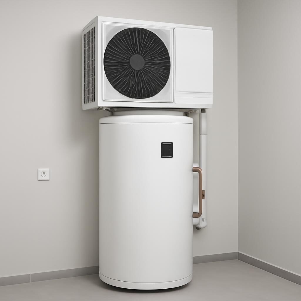 Ballon thermodynamique 200L installé dans une buanderie, cuve blanche avec pompe à chaleur intégrée en haut