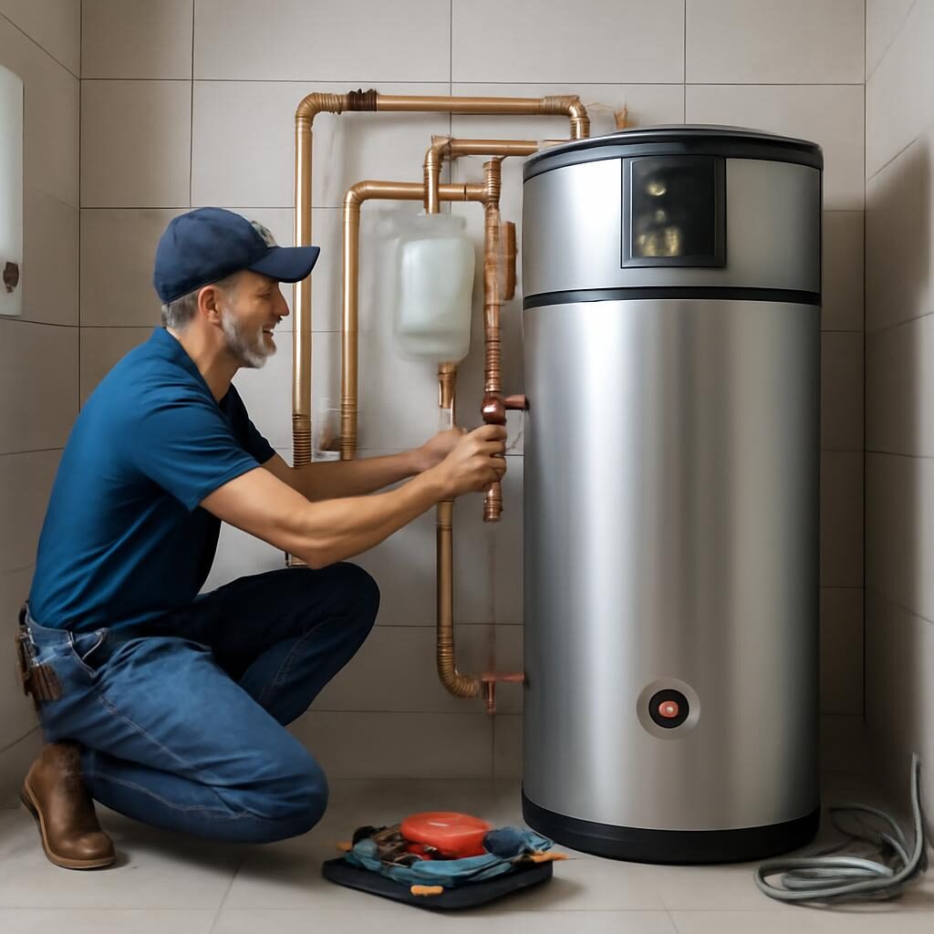 Technicien raccordant les tuyaux d'un chauffe-eau thermodynamique 200L dans une pièce technique