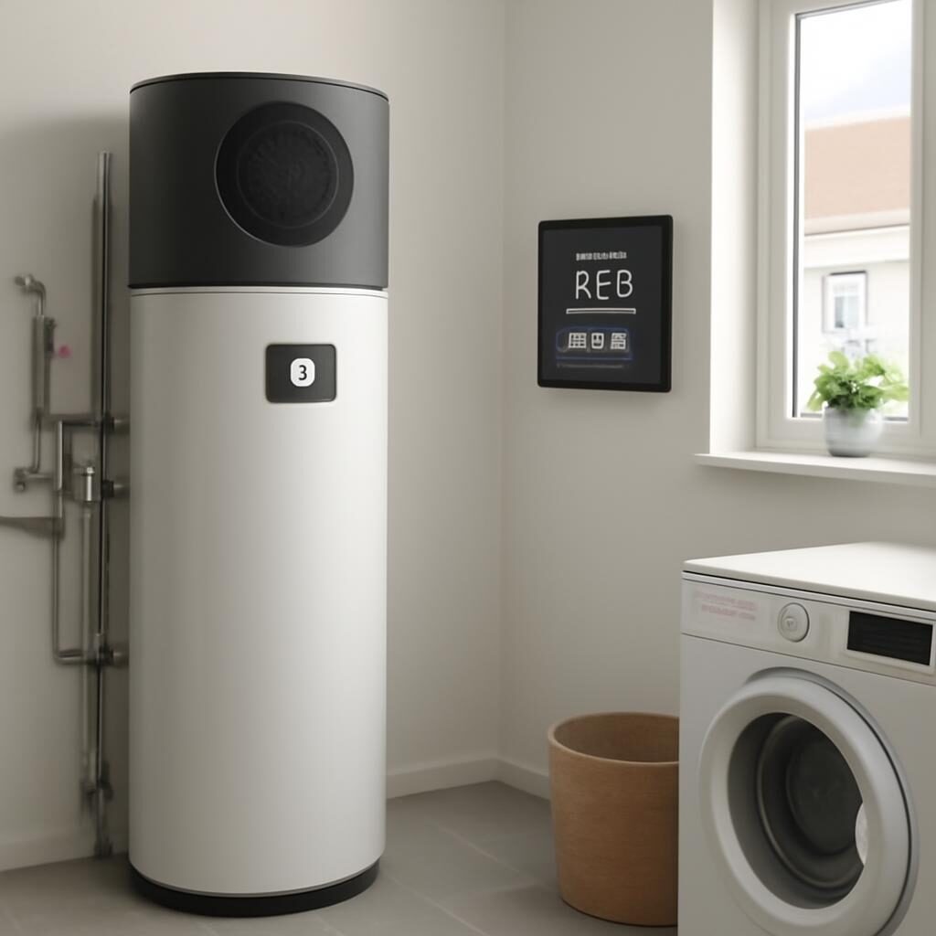 Buanderie moderne avec ballon thermodynamique et tableau de bord numérique de suivi de consommation