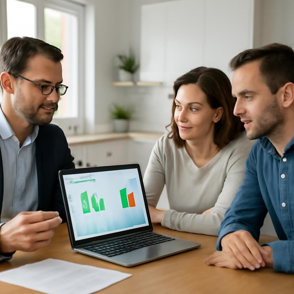 Conseiller en énergie avec un couple de propriétaires autour d'un ordinateur