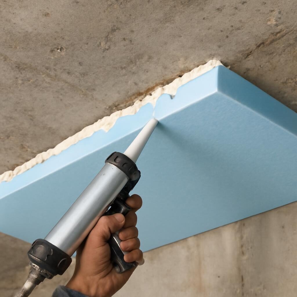 Panneau polystyrène extrudé XPS collé au plafond d'une cave en béton