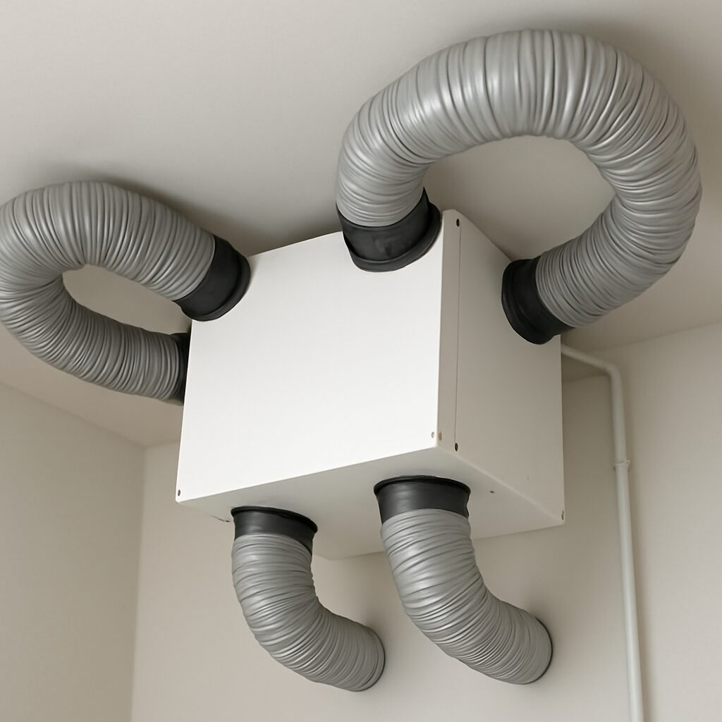 Centrale de ventilation double flux — les deux flux d'air s'échangent leur chaleur sans se mélanger