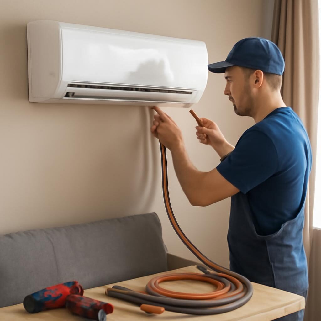 technicien installant un split system air/air dans un salon