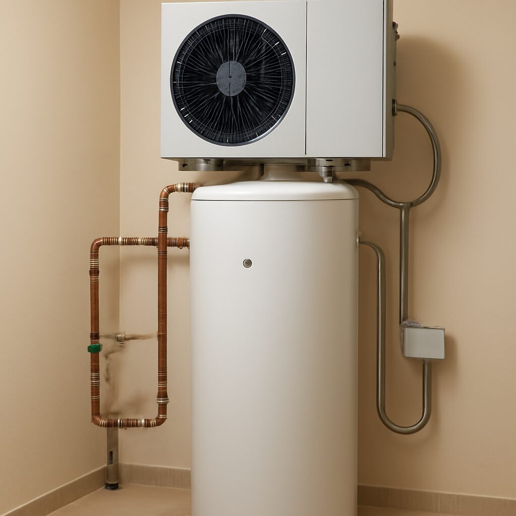 Unité extérieure d'un chauffe-eau thermodynamique — la pompe à chaleur capte les calories de l'air ambiant