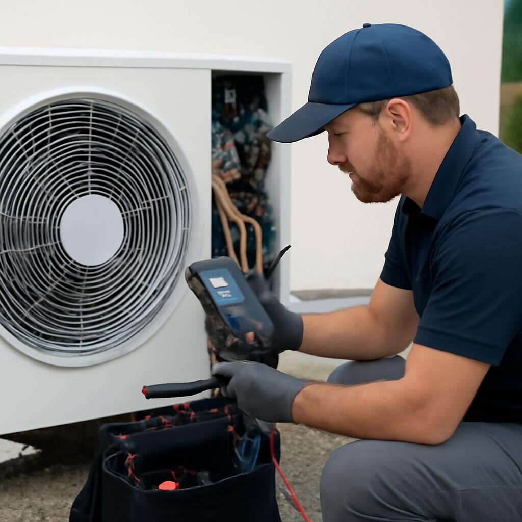 Technicien HVAC en train d'effectuer la maintenance d'une pompe à chaleur air/eau avec outils de diagnostic