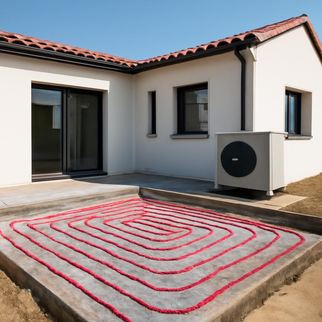 Maison française avec plancher chauffant en cours d'installation, tuyaux PER et collecteur visibles