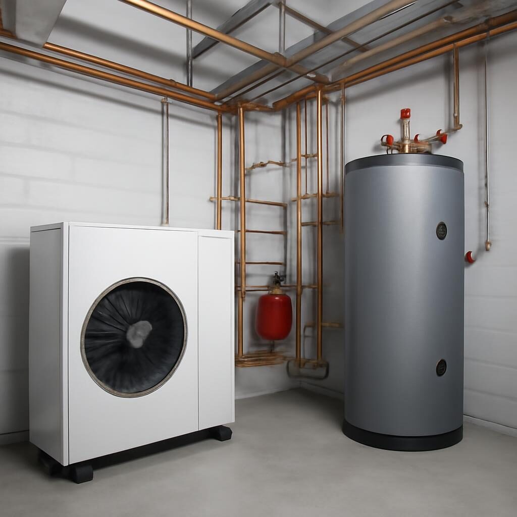 Unité intérieure de pompe à chaleur connectée à un ballon tampon et des tuyaux