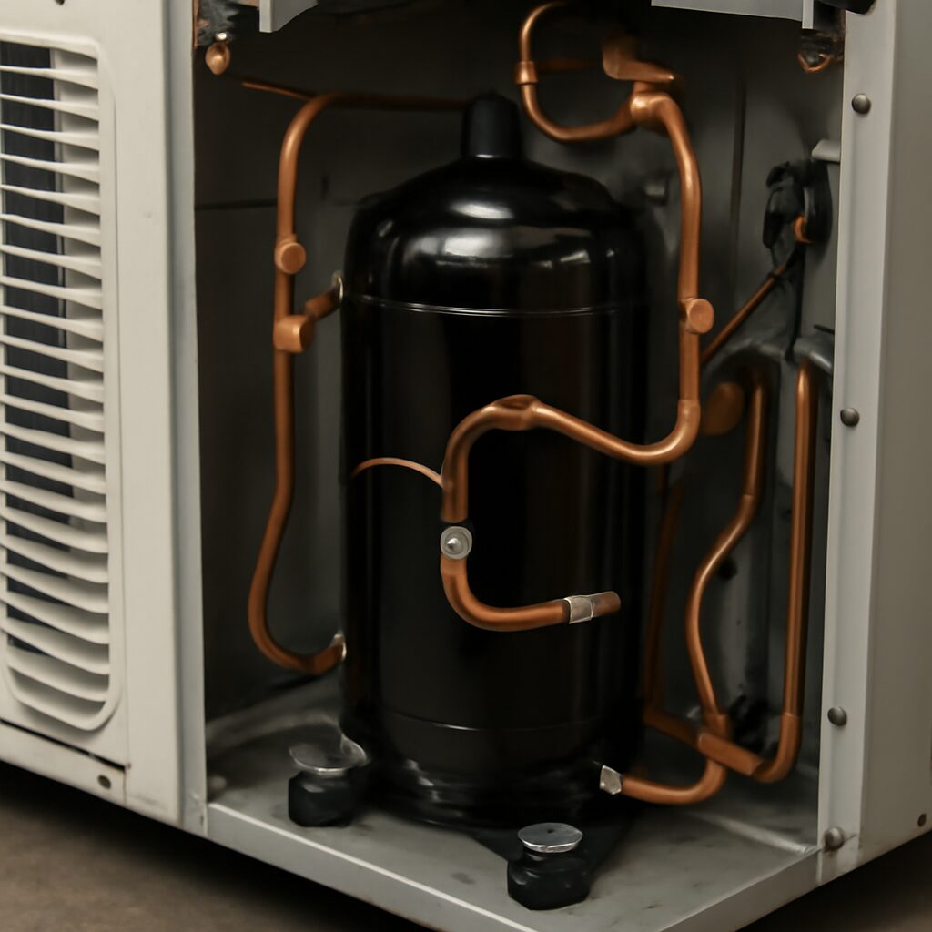 Vue interne de l'unité extérieure Ecodan de Mitsubishi — compresseur et circuit frigorifique R32