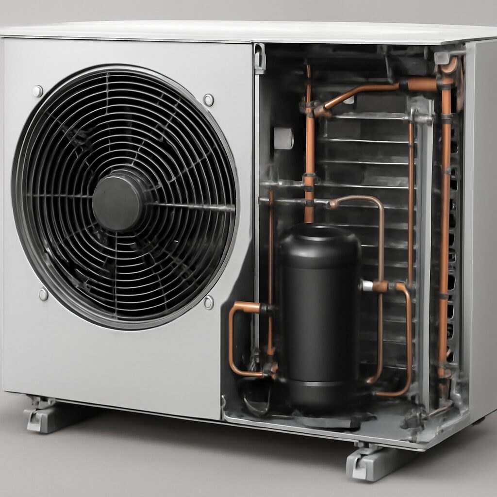 Vue interne de l'unité extérieure Ecodan de Mitsubishi — compresseur et circuit frigorifique R32