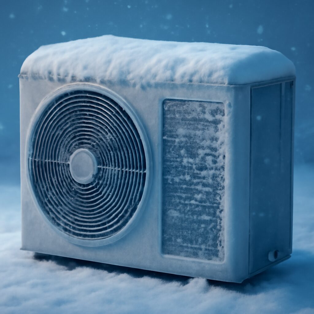 Unité extérieure Ecodan Mitsubishi sous la neige — fonctionnement garanti jusqu'à -28°C pour la gamme Zubadan