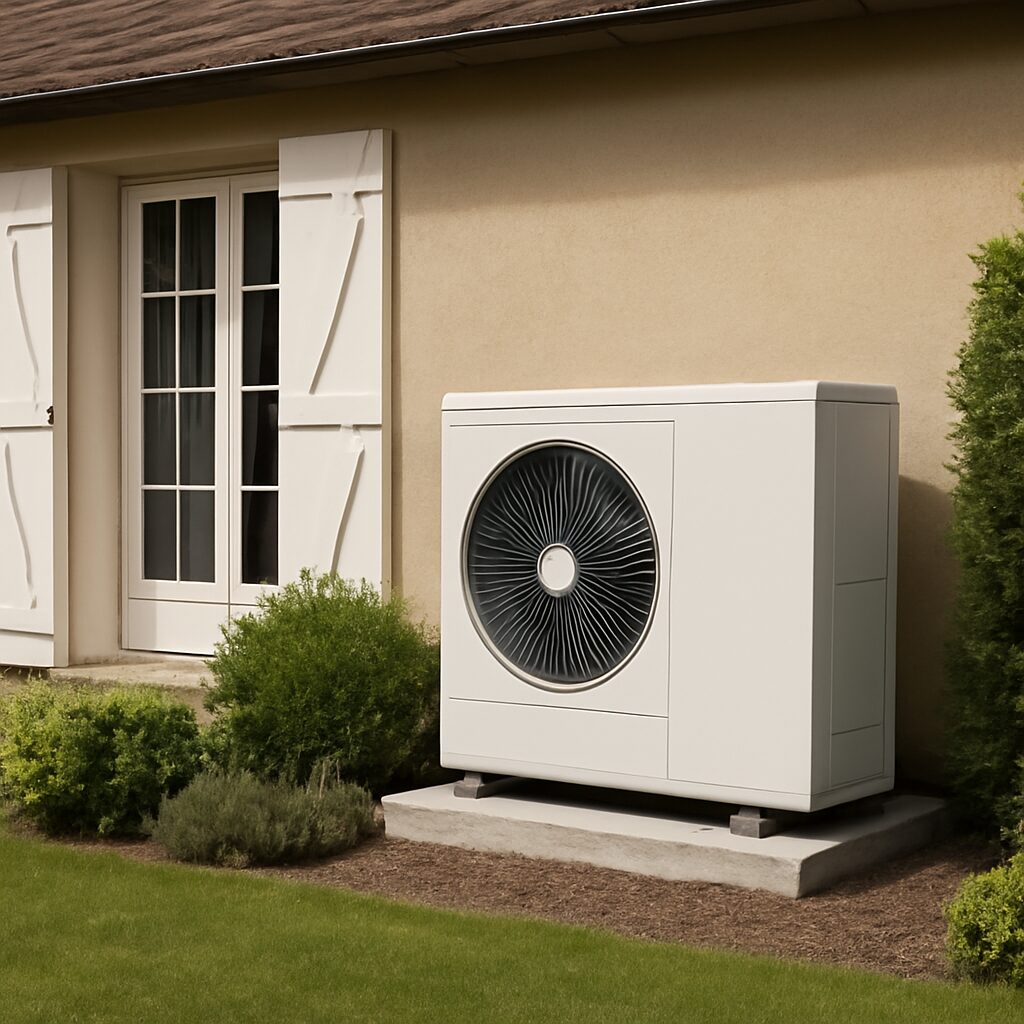 Unité extérieure de pompe à chaleur air/eau dans un jardin