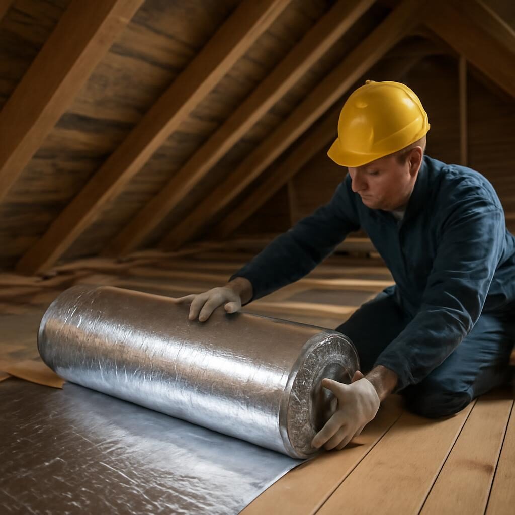 Pose d'isolant mince réflecteur entre chevrons de toiture par un artisan