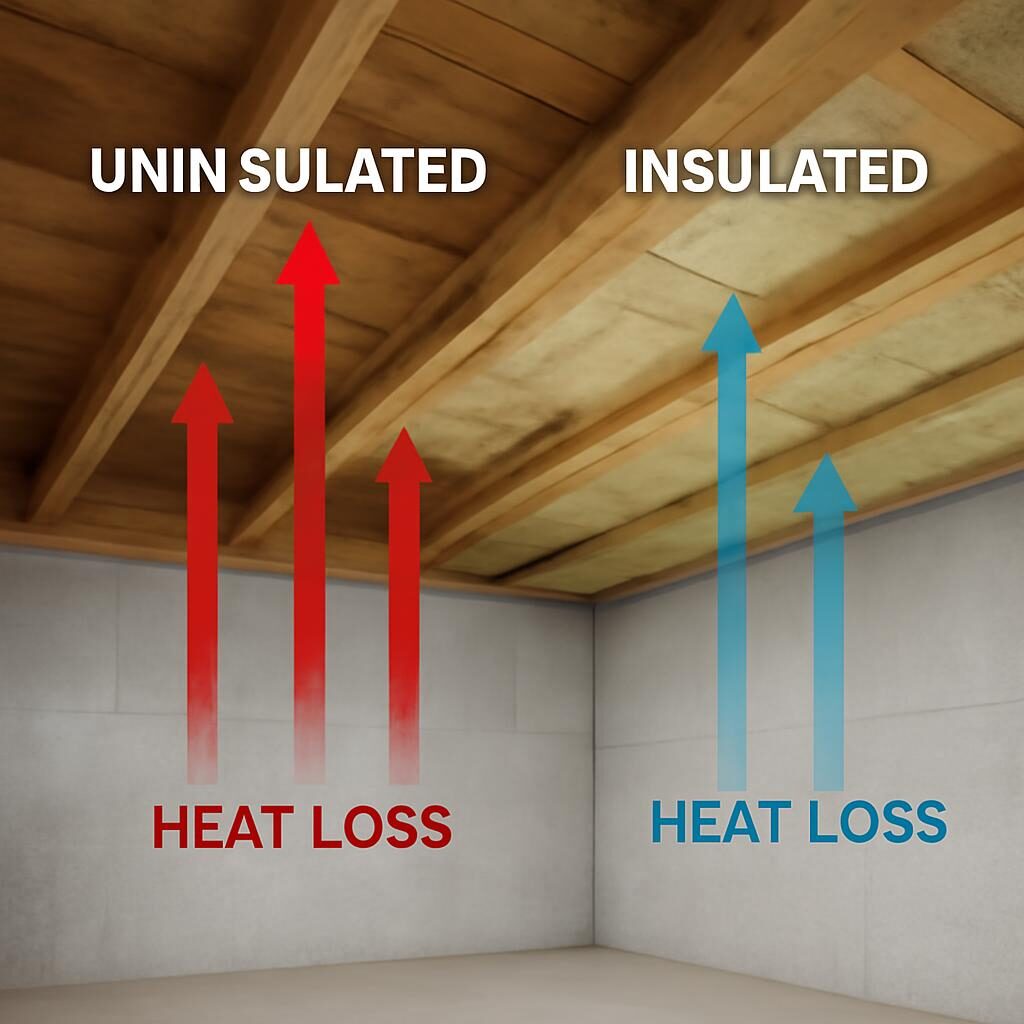 Schéma comparatif déperditions thermiques plafond de cave isolé vs non isolé