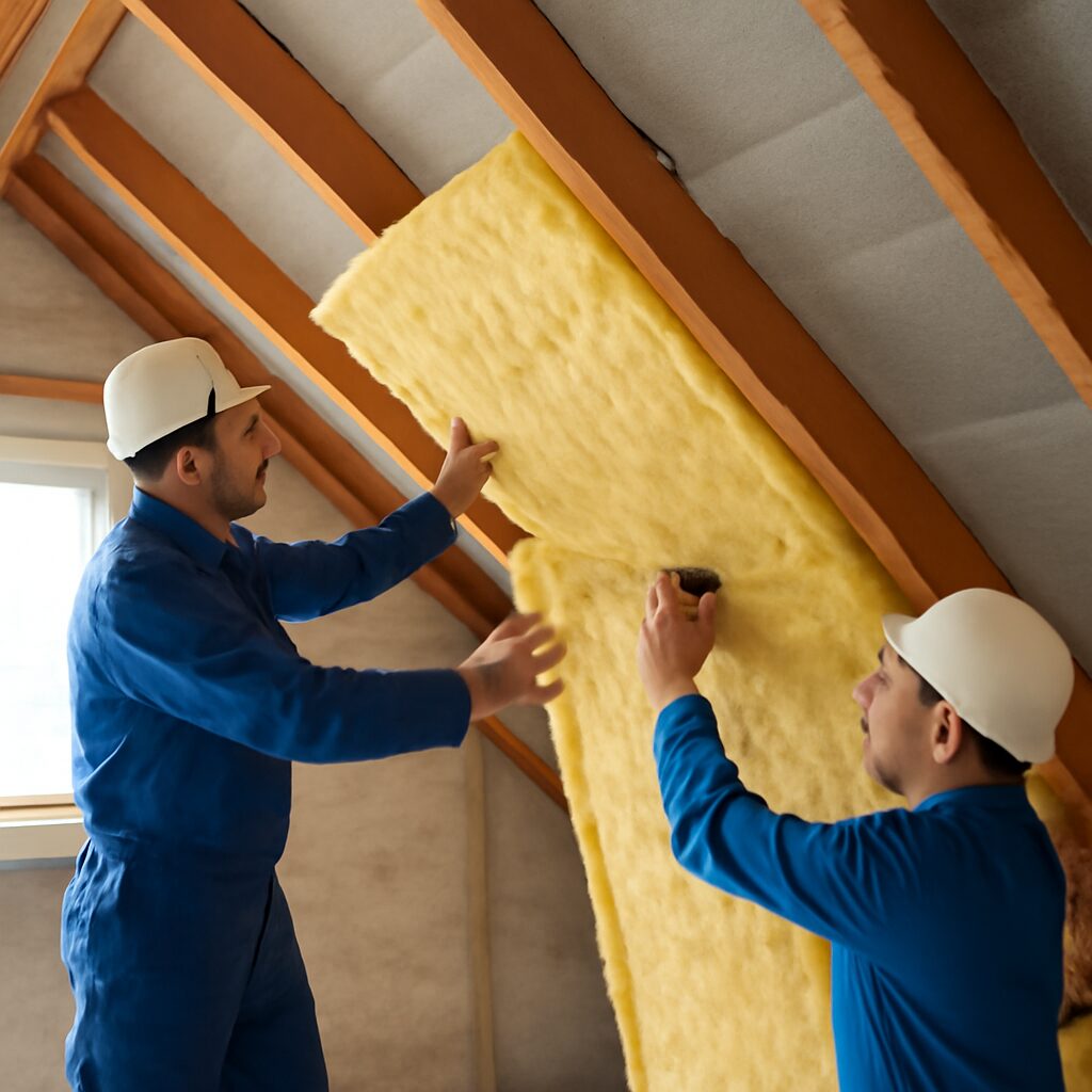 Pose de laine de verre entre les rampants de toiture lors d'une rénovation énergétique