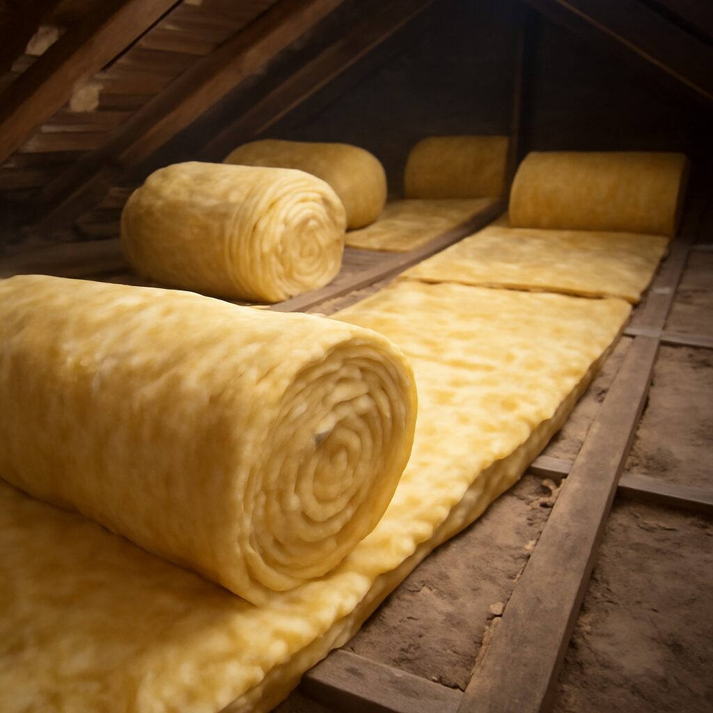 Pose de laine de verre entre les rampants de toiture lors d'une rénovation énergétique