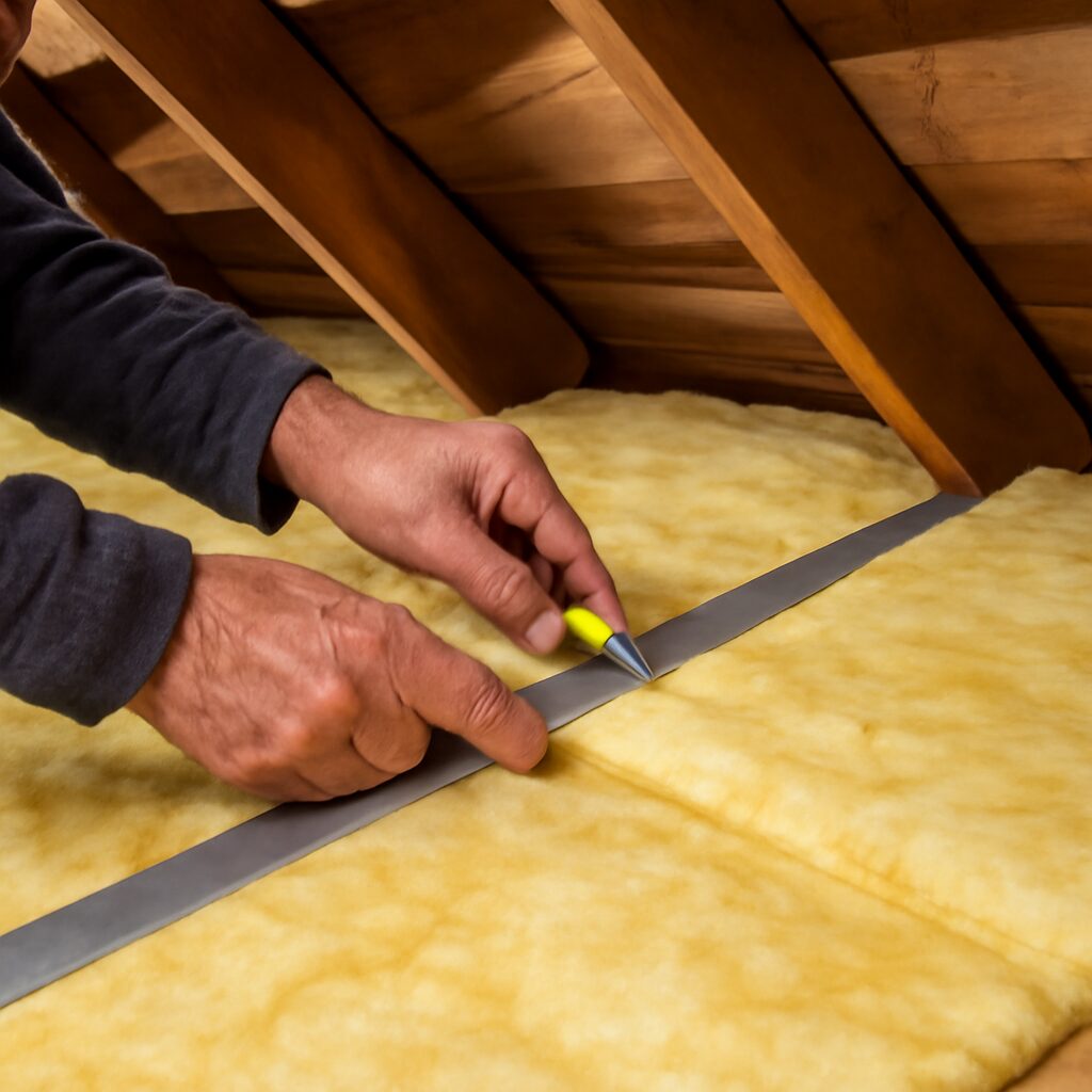 Pose de laine de verre entre les rampants de toiture lors d'une rénovation énergétique