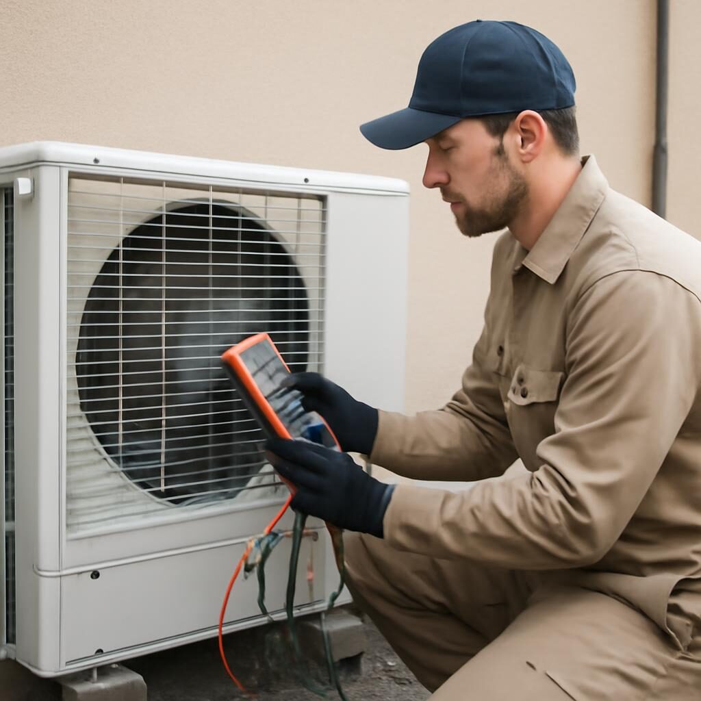 Technicien RGE effectuant la maintenance annuelle d'une pompe à chaleur extérieure