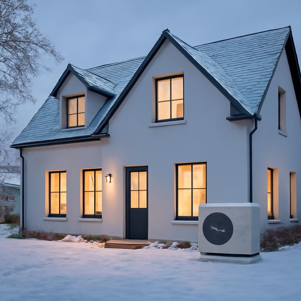 Maison individuelle moderne en hiver chauffée par pompe à chaleur, fenêtres éclairées