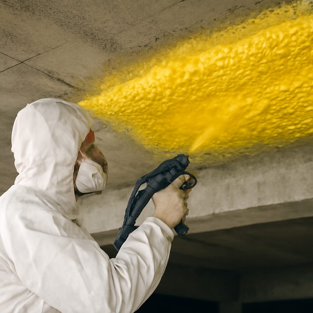 Application de mousse polyuréthane projetée — isolation sans pont thermique sur surface irrégulière