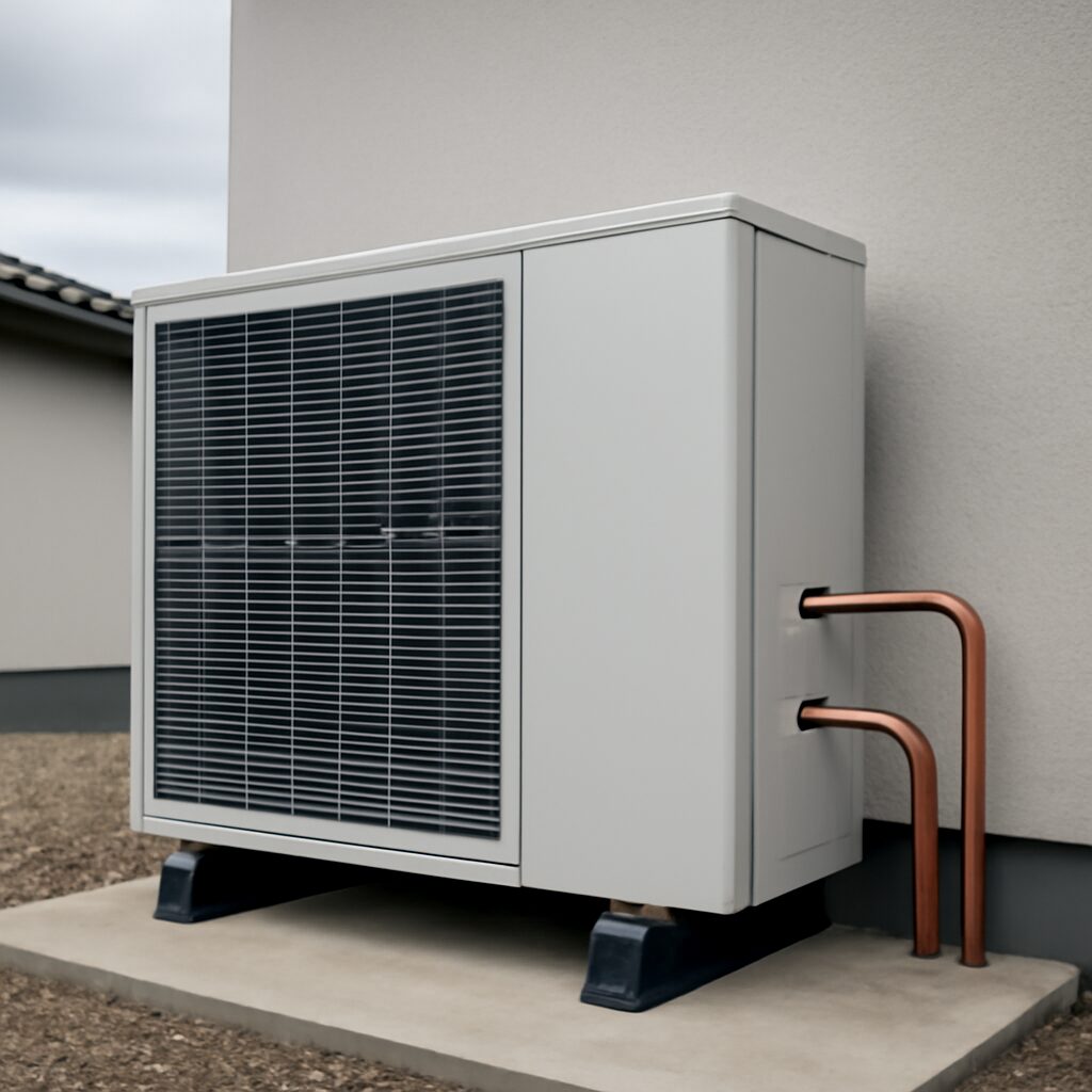 Maison individuelle avec pompe à chaleur — vue extérieure