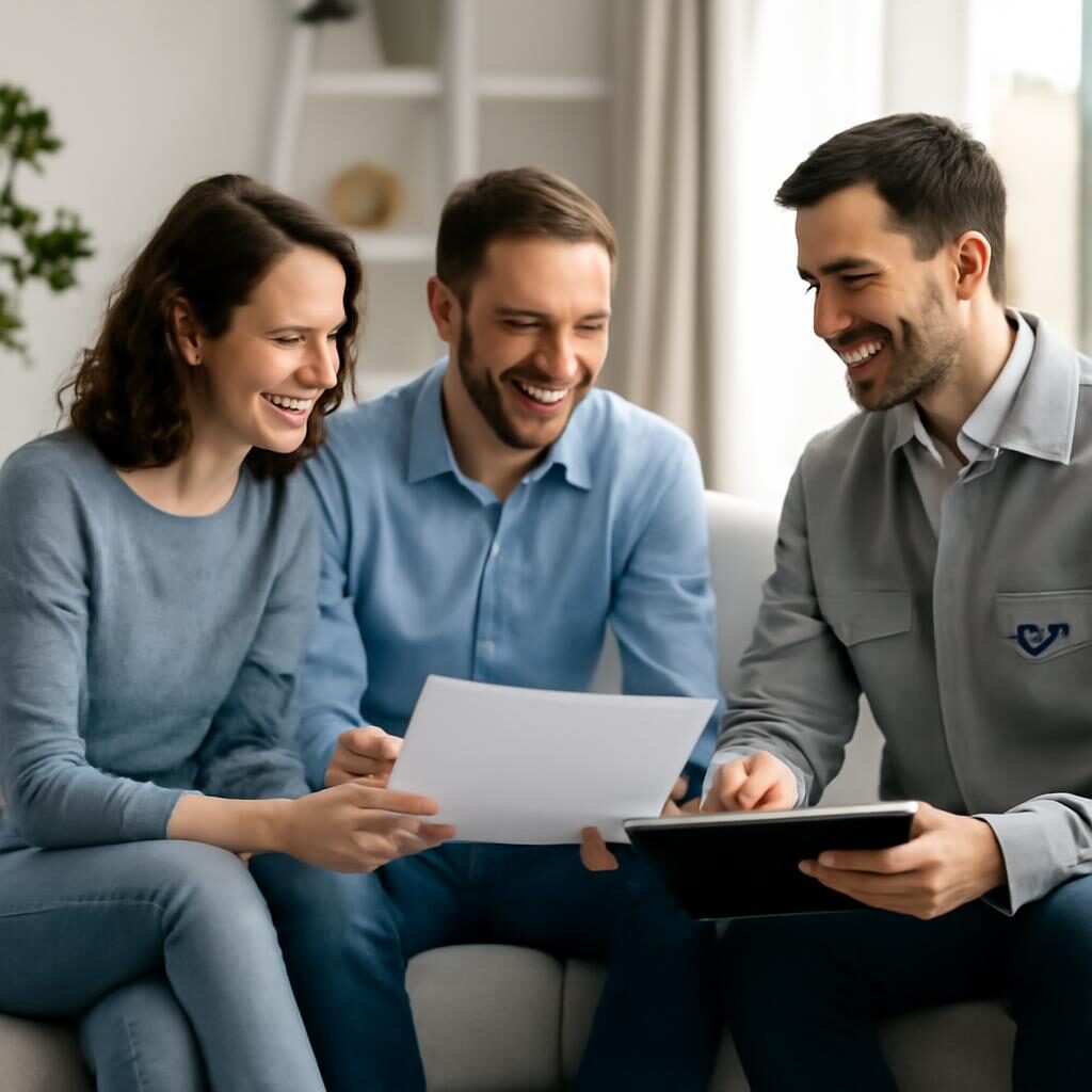 Couple de propriétaires avec un artisan RGE discutant d'une rénovation énergétique