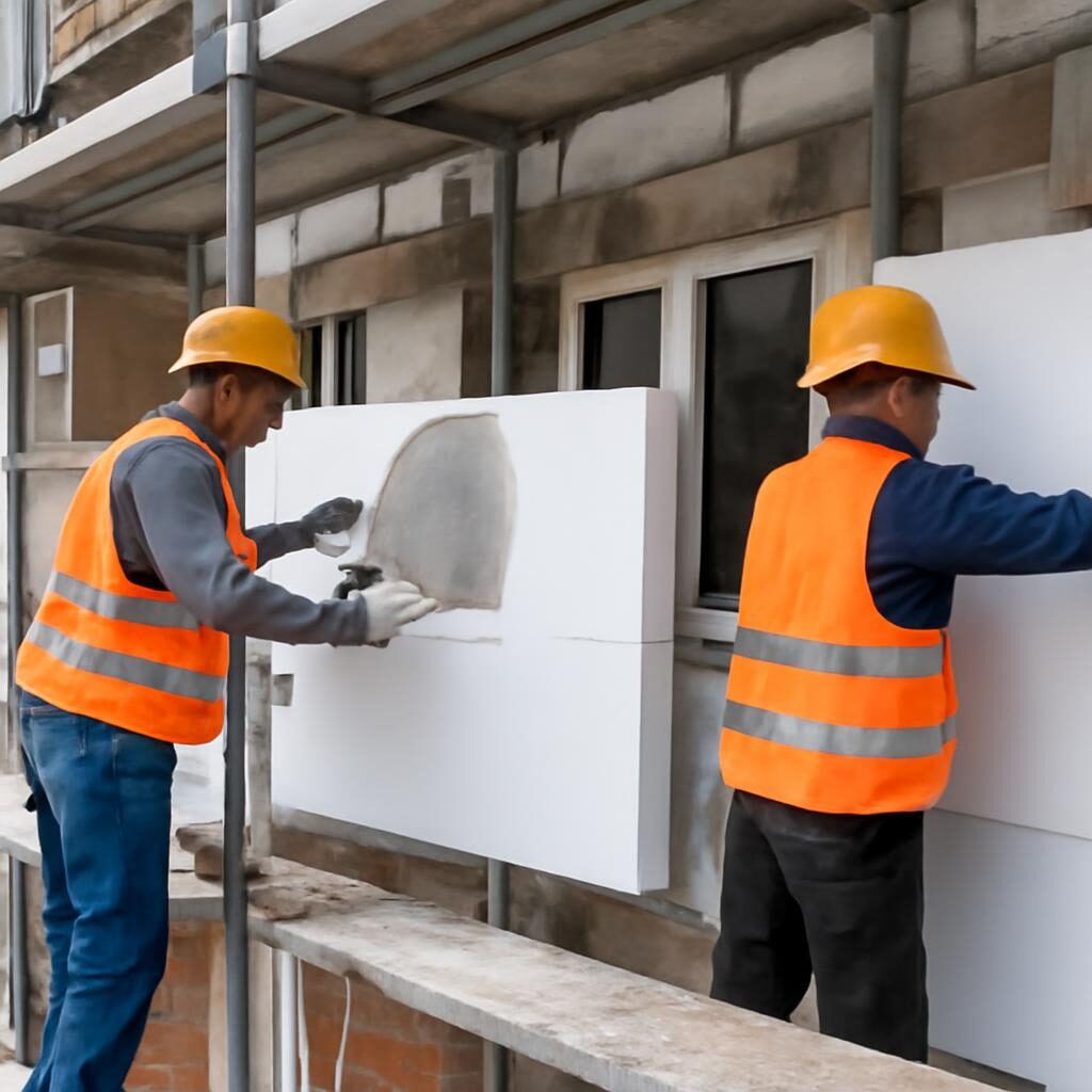 Ouvriers posant des panneaux isolants rigides EPS sur la façade d'un immeuble résidentiel en rénovation
