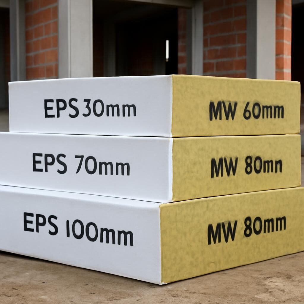 Stock de panneaux isolants rigides en polystyrène et laine de roche sur un chantier de rénovation