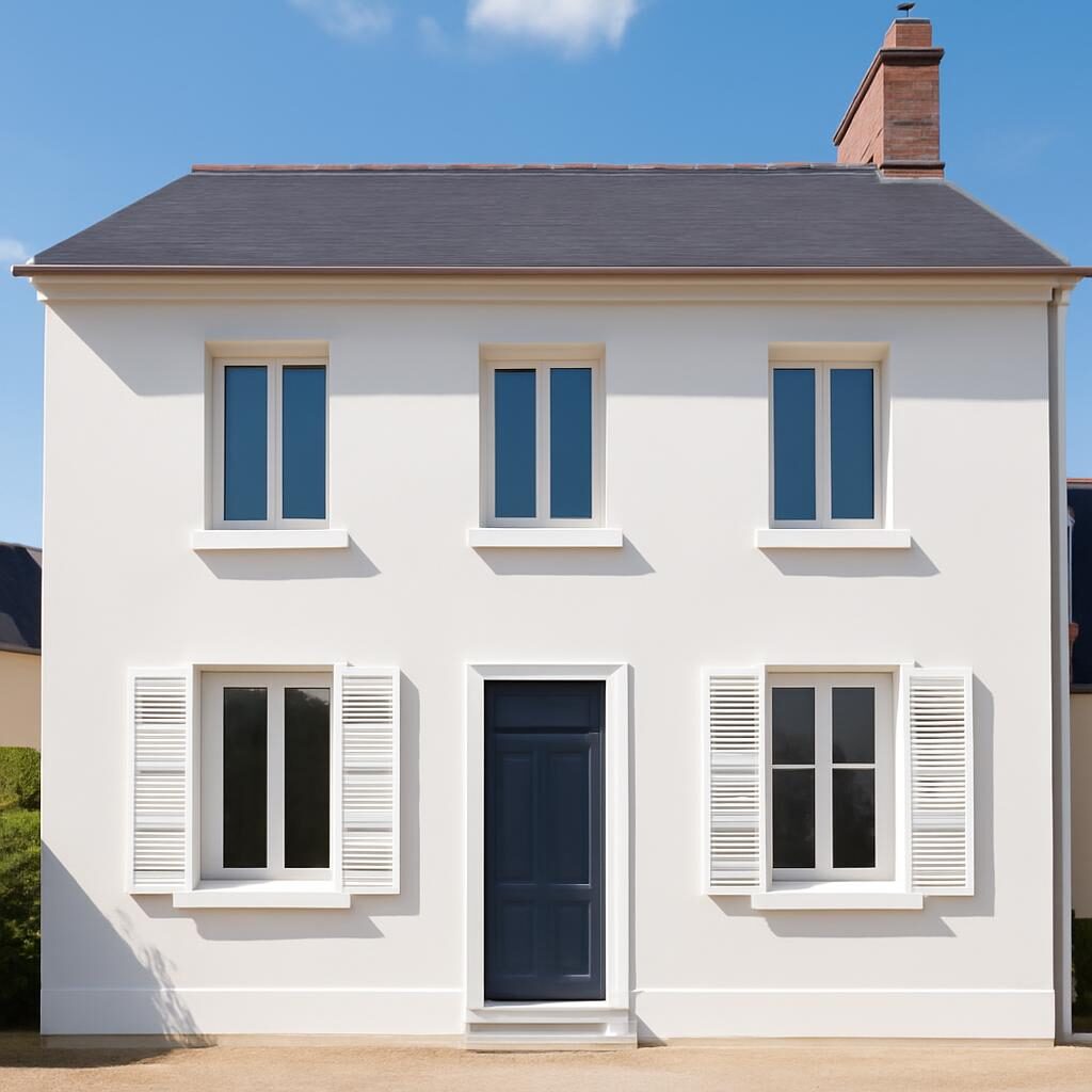 Façade de maison rénovée avec enduit minéral sur isolation extérieure terminée, aspect propre et moderne