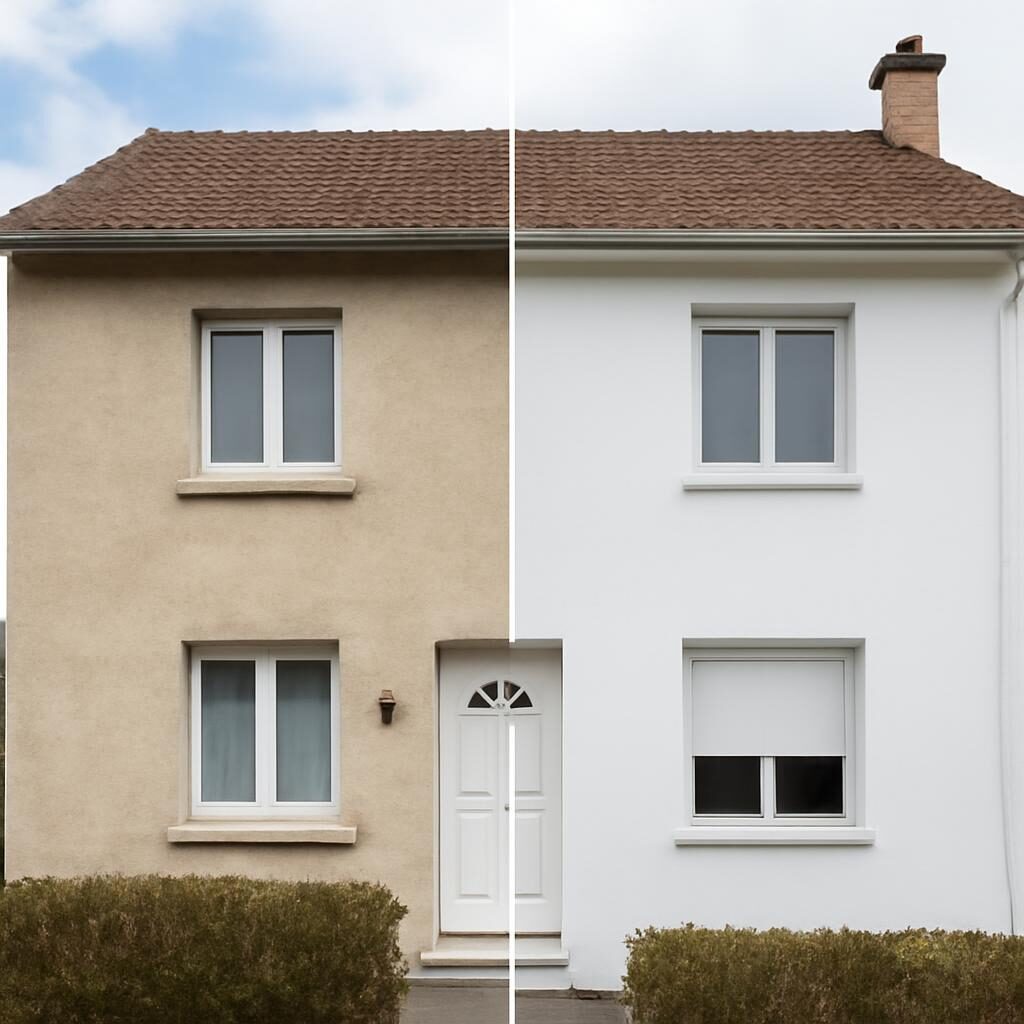 Façade maison après isolation thermique extérieure ITE avec enduit de finition blanc
