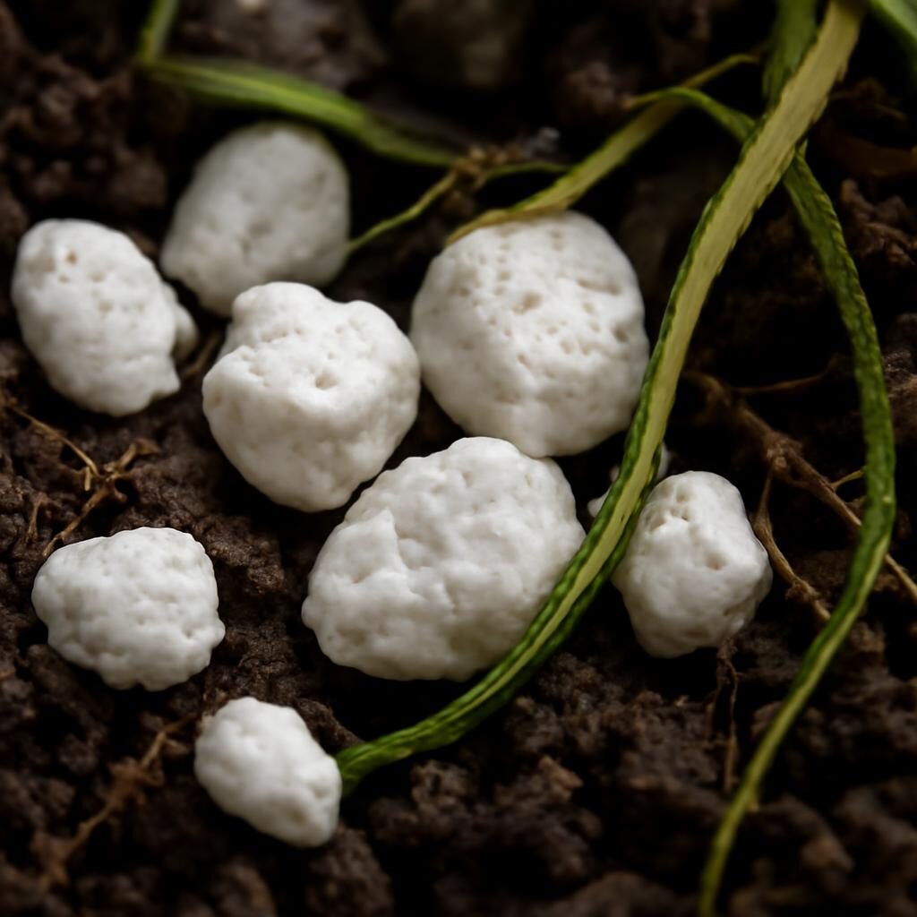 Gros plan sur des granules de perlite blanche poreuse avec des racines de plante