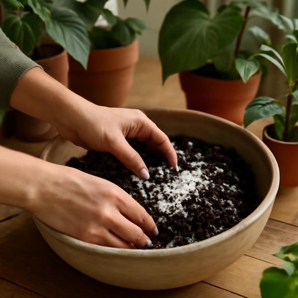 Jardiner mélangeant de la perlite dans du terreau pour le rempotage d'une plante