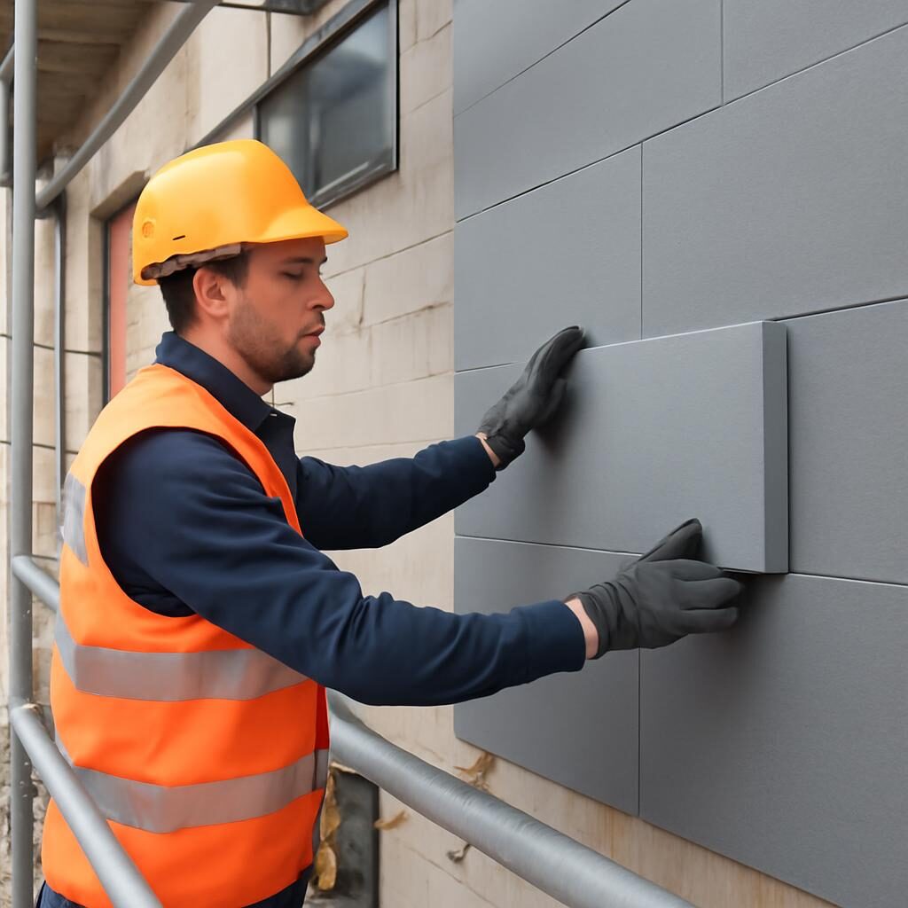 Pose d'un panneau isolant sous vide ultra-mince sur la façade extérieure d'une maison en rénovation