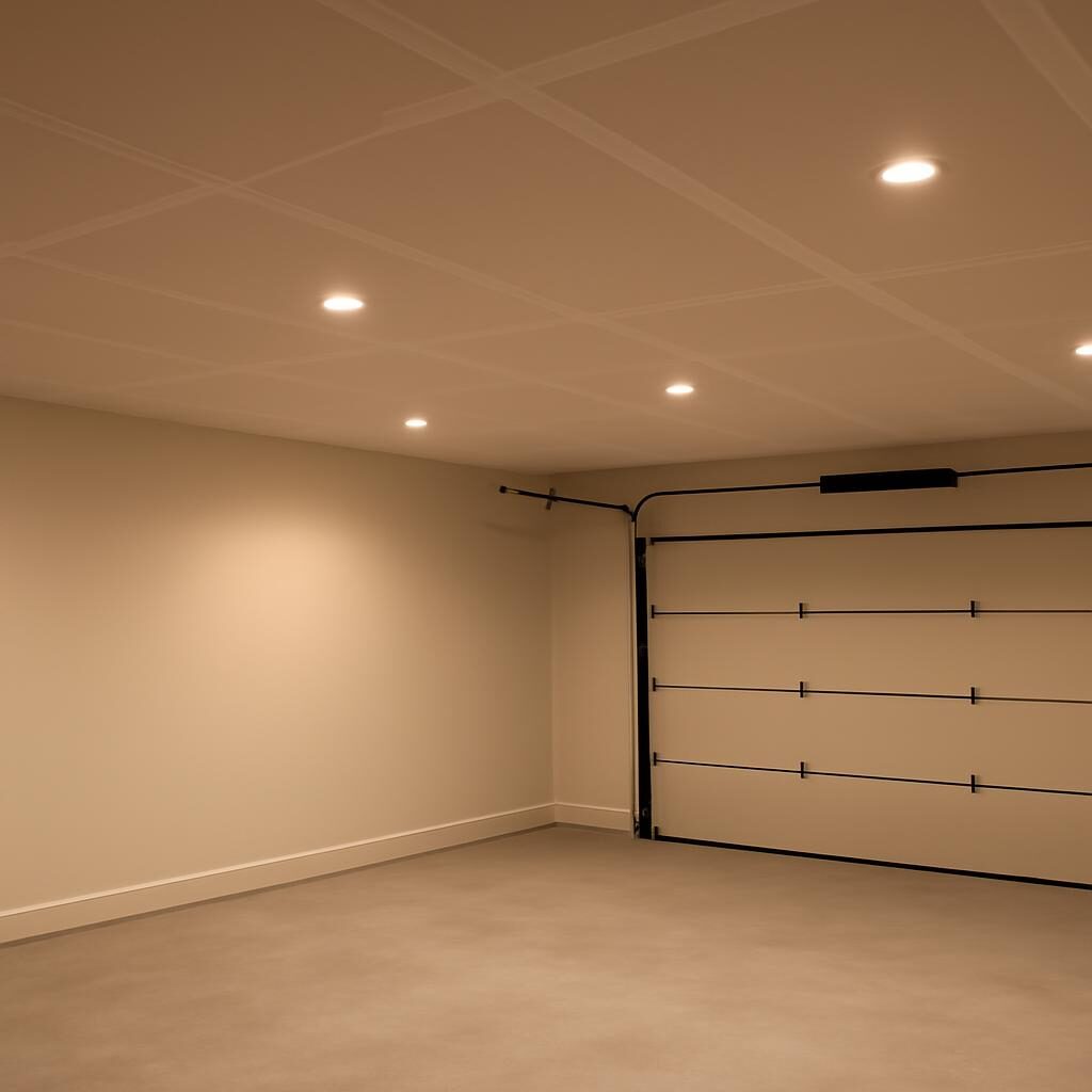 plafond de garage isolé et plaqué, espace fini lumineux
