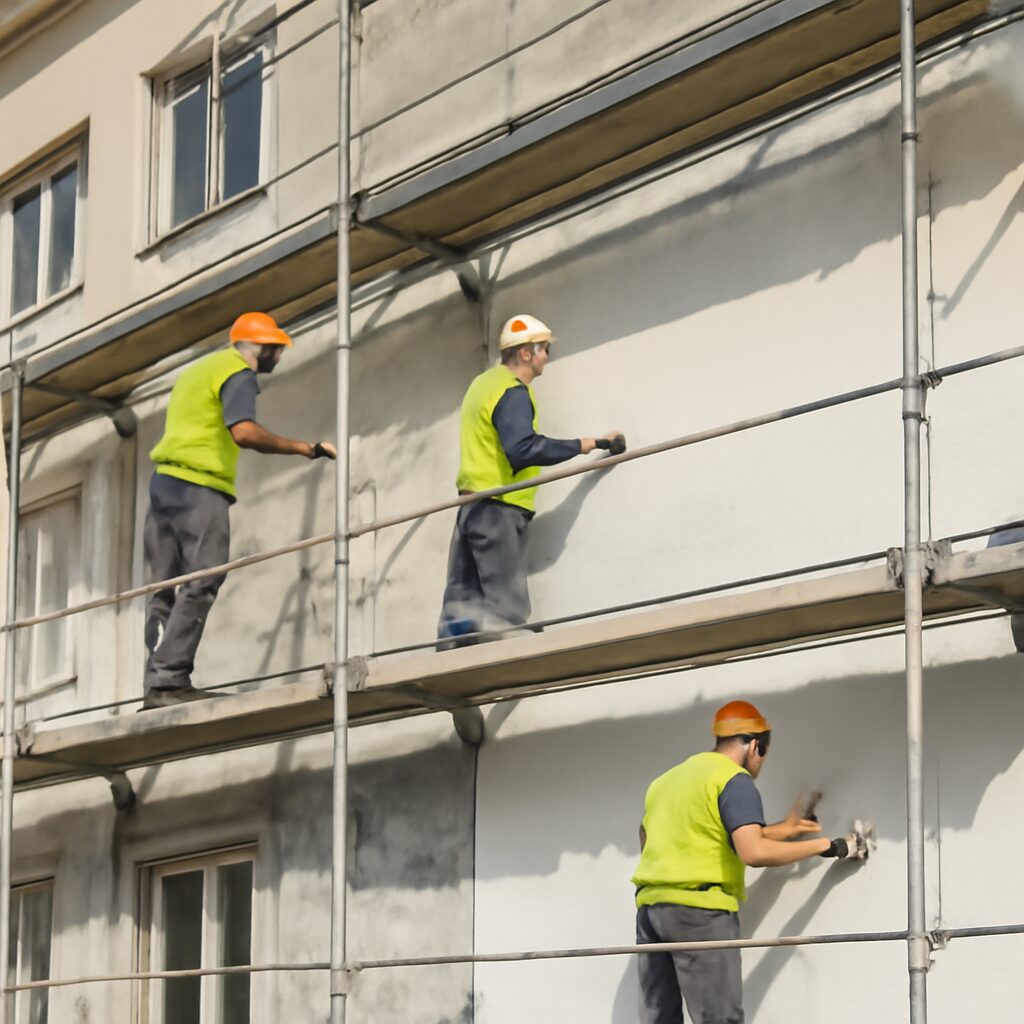 Travaux de rénovation d'un bâtiment avec échafaudage