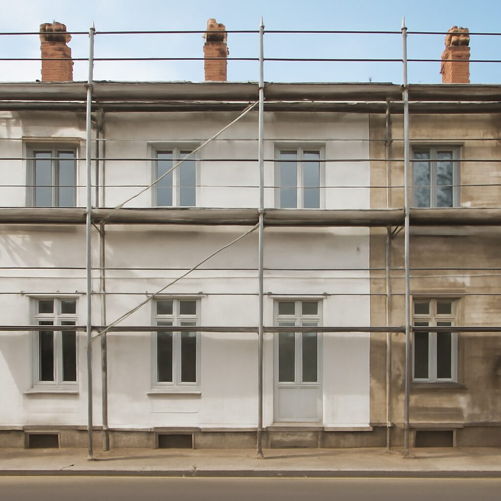 Chantier de rénovation d'immeuble, façade en travaux