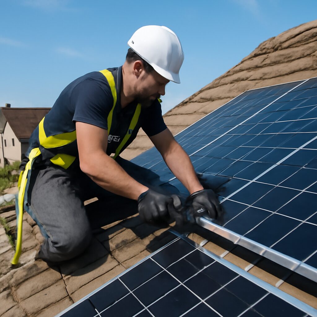 Installateur tenant un panneau solaire devant une maison