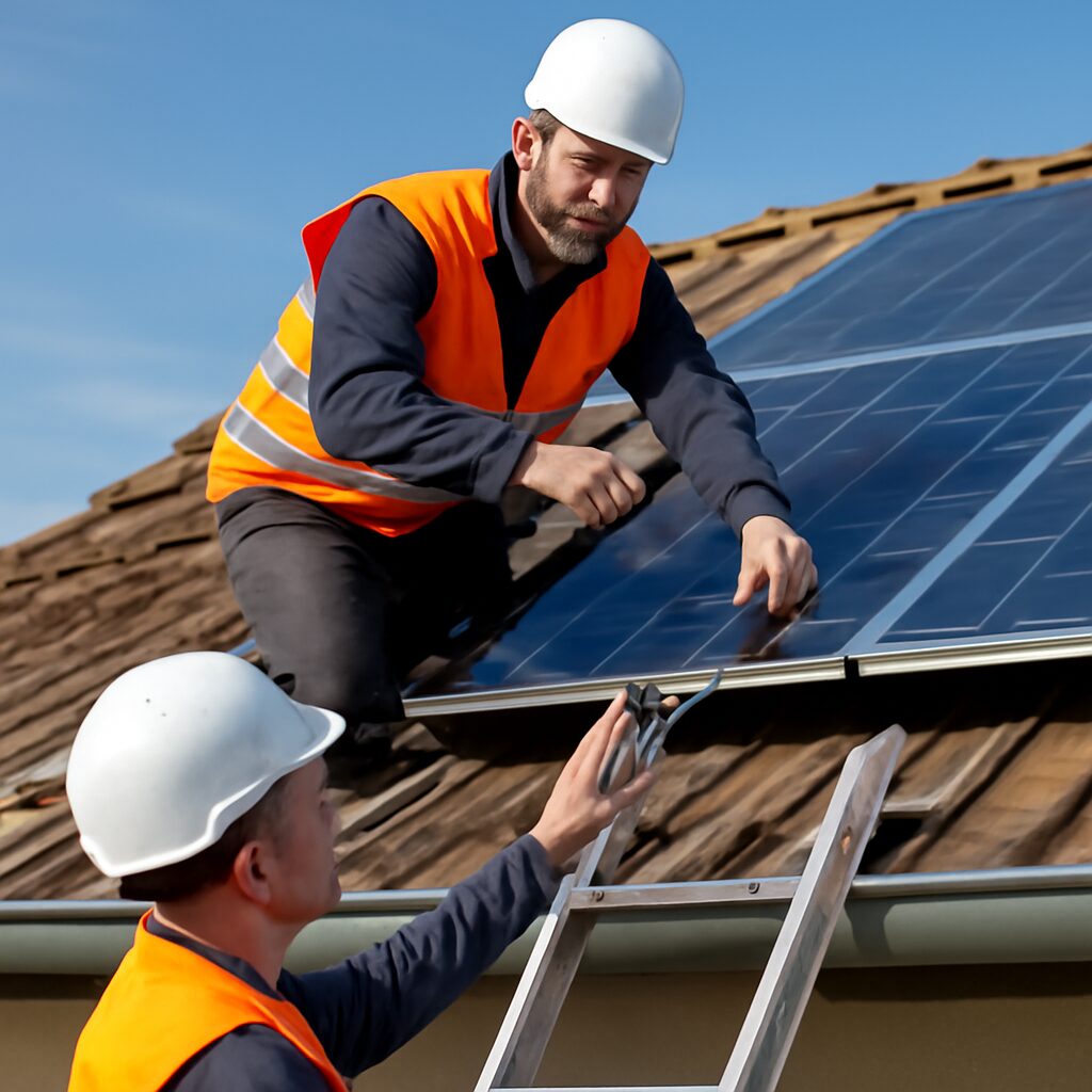 Artisan RGE posant des panneaux solaires sur un toit