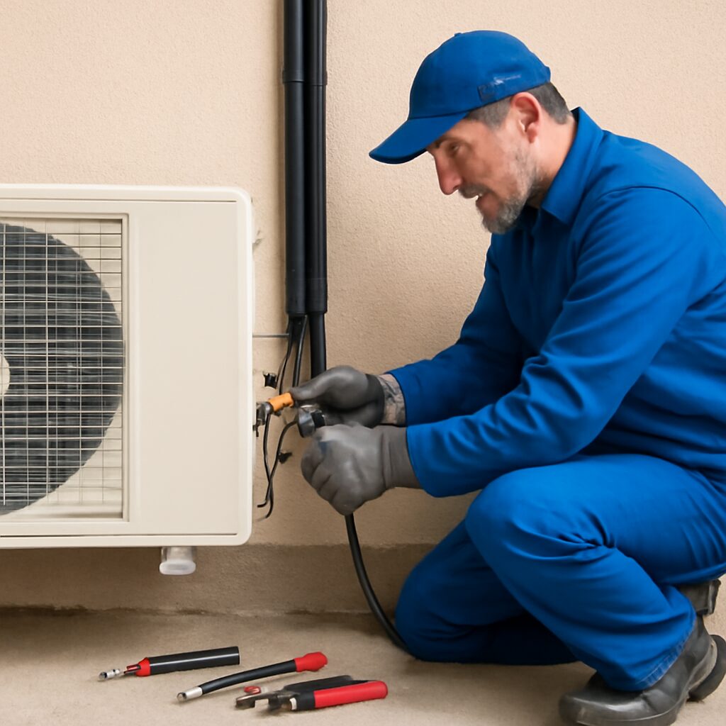 Technicien RGE installant une unité extérieure de PAC