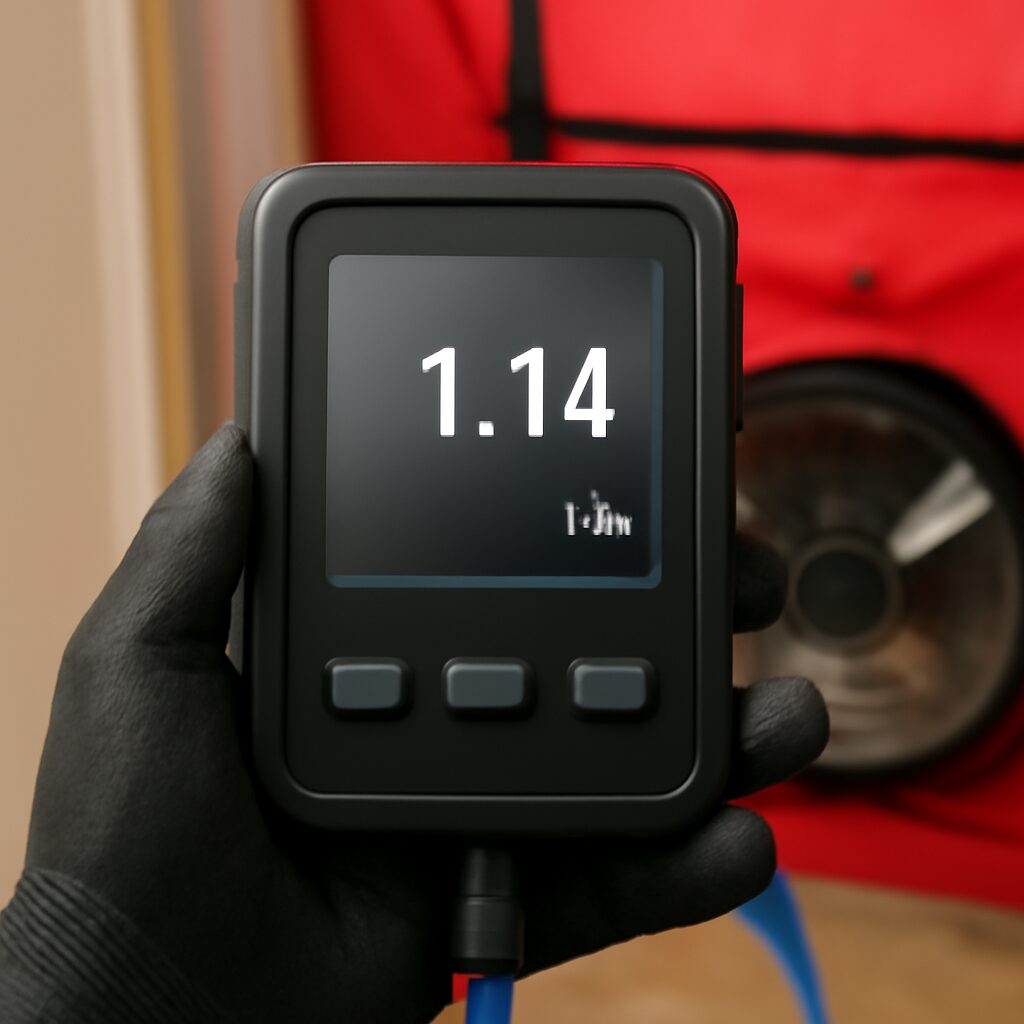 Test d'étanchéité à l'air par porte soufflante — mesure indispensable pour évaluer les infiltrations d'un logement en location