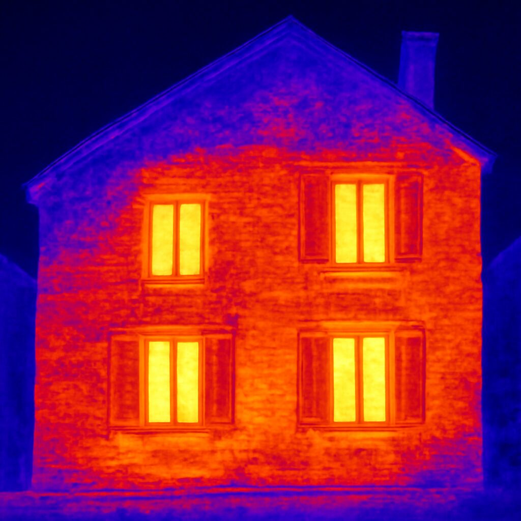 Thermographie infrarouge d'un bâtiment révélant les zones de déperditions thermiques — outil clé du diagnostic de performance énergétique