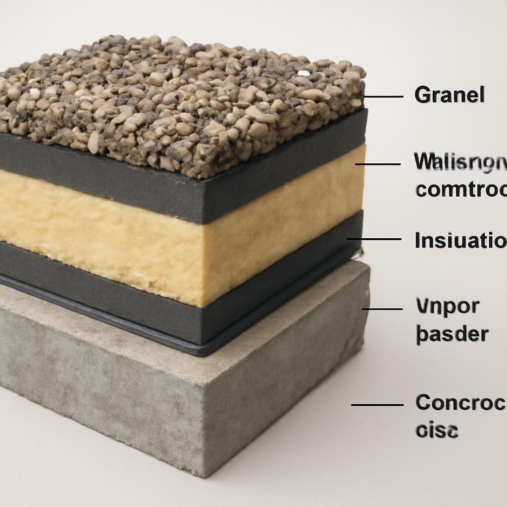 Coupe schématique d'un toit terrasse isolé : dalle, pare-vapeur, isolant, membrane étanche, gravillons