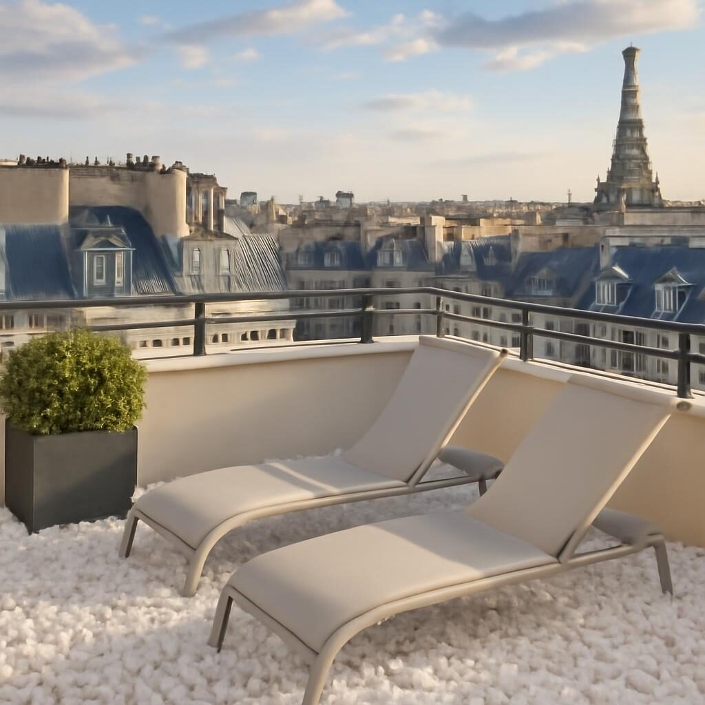 Terrasse urbaine aménagée sur toit terrasse rénové et isolé, mobilier de jardin