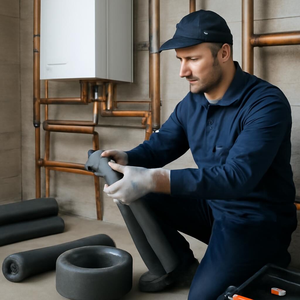 Plombier posant des manchons isolants en mousse sur des tuyaux de chauffage en cuivre dans une chaufferie
