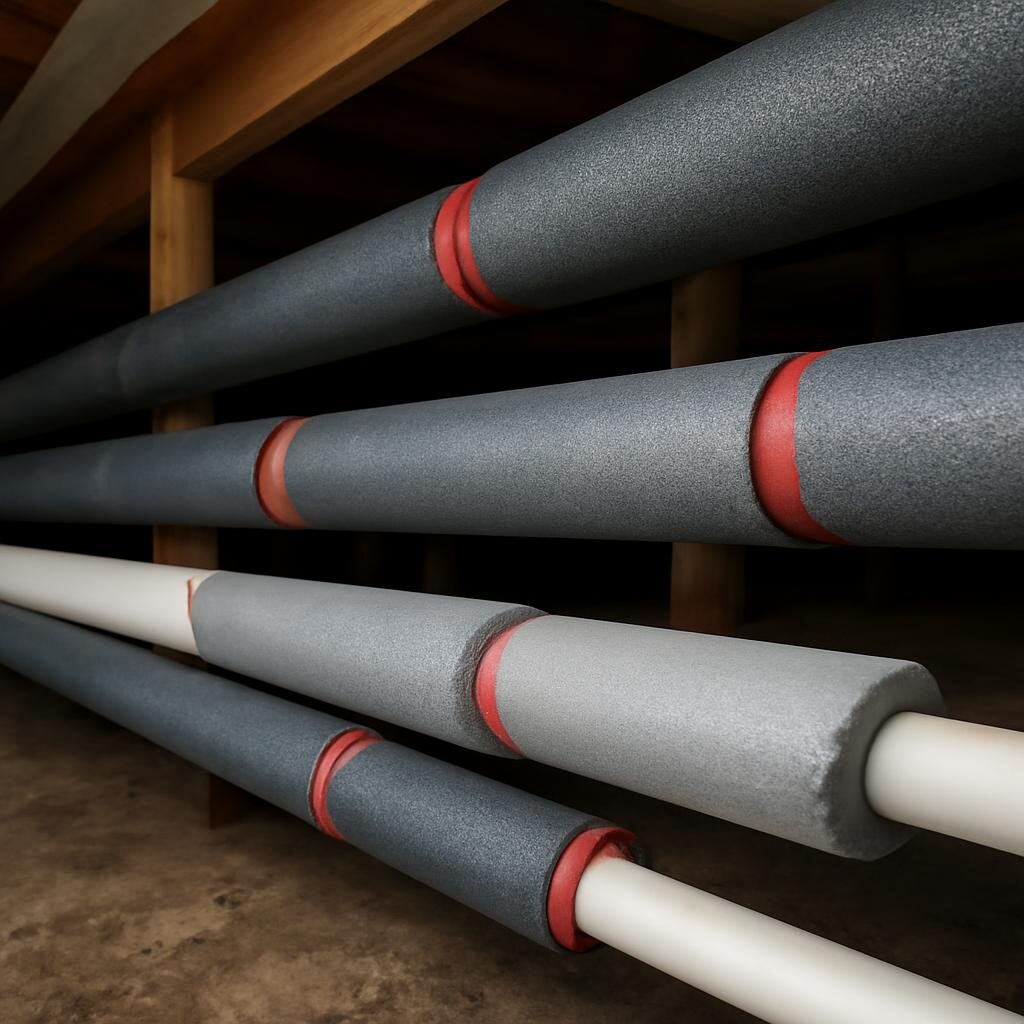 Tuyaux de chauffage isolés dans un vide sanitaire sous maison avec différentes épaisseurs de calorifuge