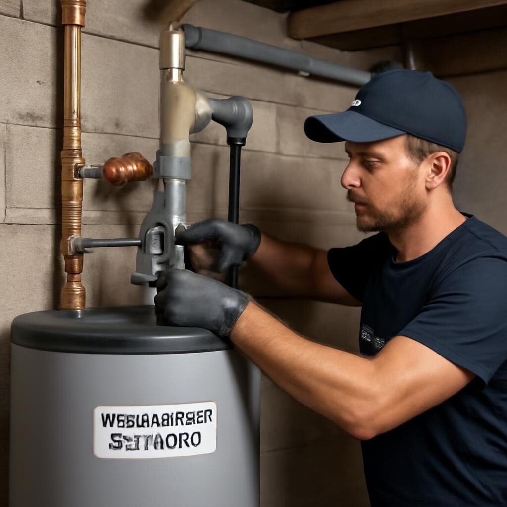 Installateur connecte tuyaux nouveau chauffe-eau thermodynamique