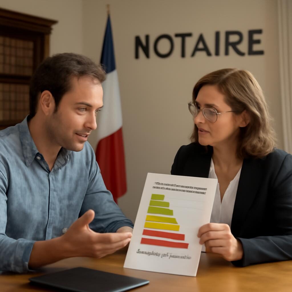 Propriétaire bailleur consultant un diagnostic DPE chez le notaire