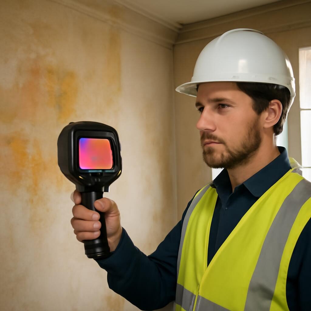 Auditeur énergétique avec caméra thermique sur mur mal isolé